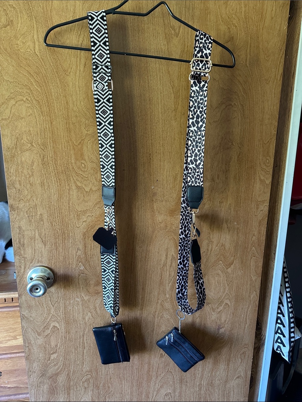 2 different Adjustable Crossbody Strap with Coin Pouch - Black & Tan Patterns